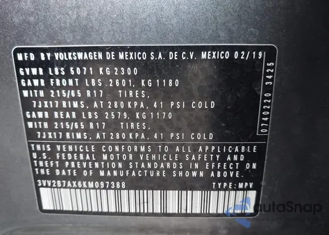 2019 Volkswagen Tiguan 2.0T Se/2.0T Sel/2.0T Sel R-Line/2.0T Sel R-Line Black from USA, damaged, VIN 3VV2B7AX6KM097388